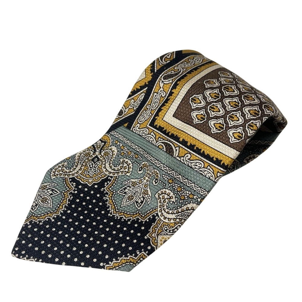 Canali Mens Silk Tie Floral Paisley Jacquard Blue Teal Gold Made in Italy 57.5x4